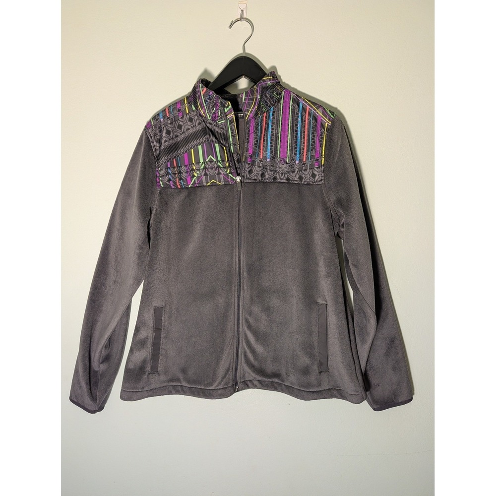 Fila Women Large Sport Fleece Jacket Grey Neon Aztec Tribal Print Full Zip‎ Mock